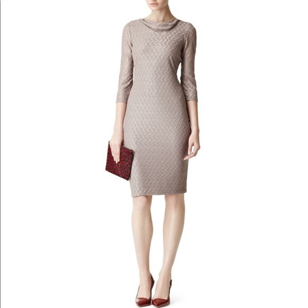 Reiss | Women’s Tatiana Beige & Gold Shimmer Dress Key Hole Scoop Cowl Neckline